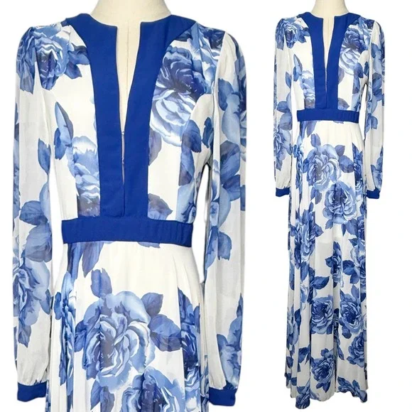 LULUS Blossom Buddy Blue Floral Print Plunge V-Neck Maxi Dress Size Medium - Picture 4 of 14